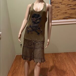 Vintage Soul Revival Olive Skull Tank Dress with Crochet L
